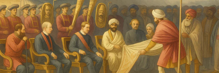 British officials in formal attire and medals sit on ornate chairs, with Indian dignitaries beside them. In the foreground, two Indian men are presenting an elaborately woven shawls to the seated officials.