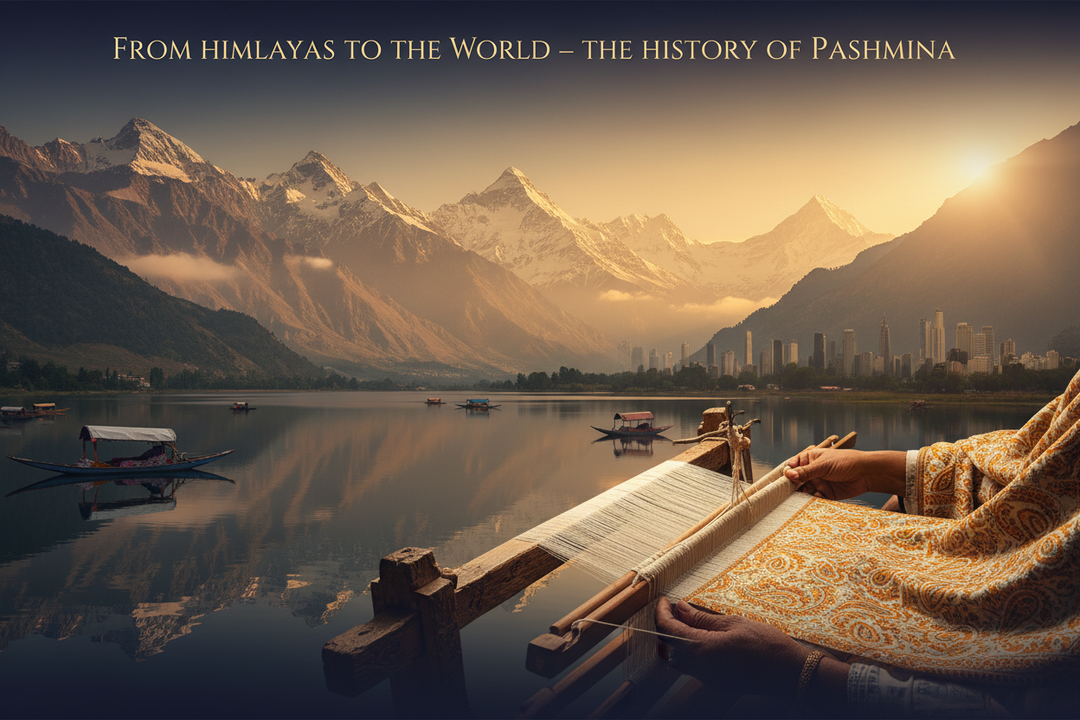 Kashmir valleys and pashmina weaving looms with dal lake shikara in the image banner