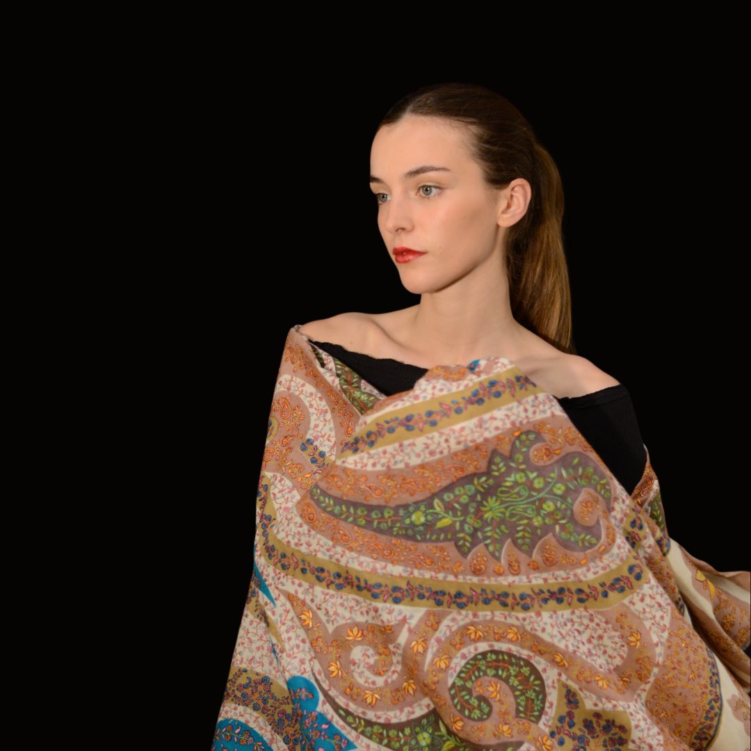 Jamawar Pashmina shawl featuring intricate Mughal-inspired patterns, luxurious craftsmanship for timeless elegance