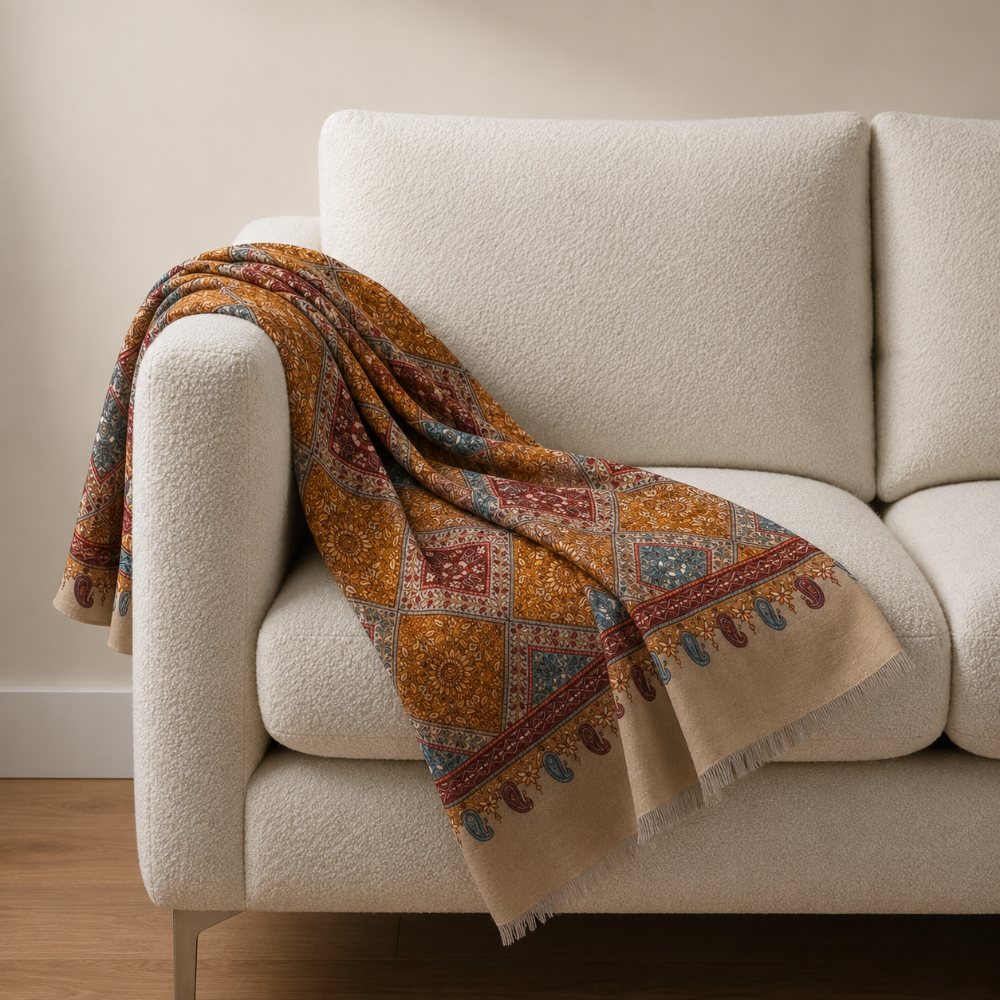 Jamawar Pashmina shawl featuring intricate Mughal-inspired patterns, luxurious craftsmanship for timeless elegance