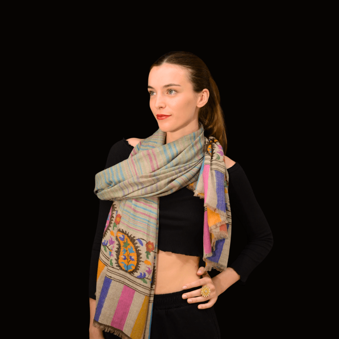 Handwoven Kani Pashmina shawl showcasing heritage craftsmanship by Indus Weavers, ideal for timeless elegance and gifting
