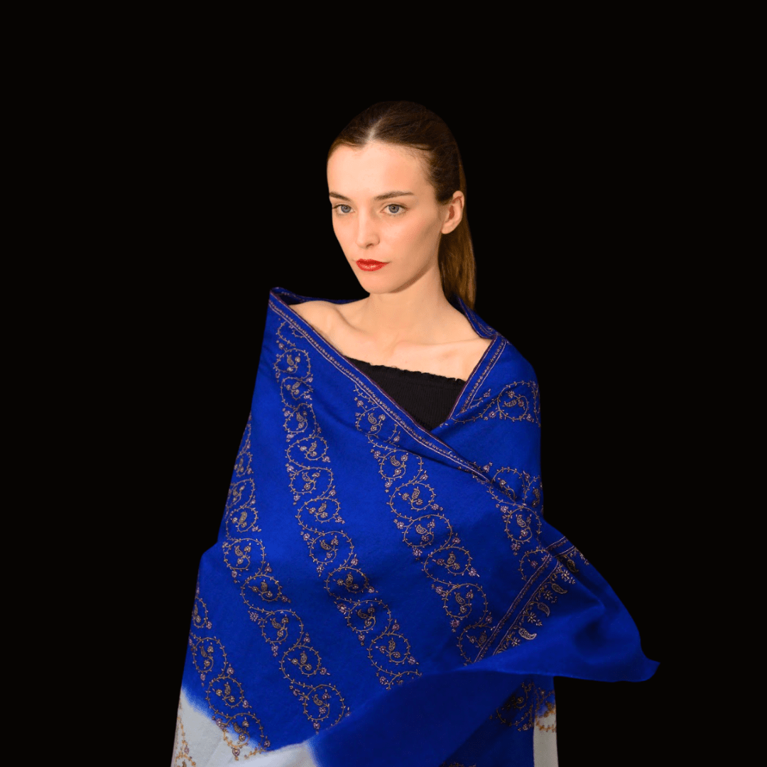 Sozni hand embroidered Pashmina shawl by Indus Weavers with intricate floral patterns