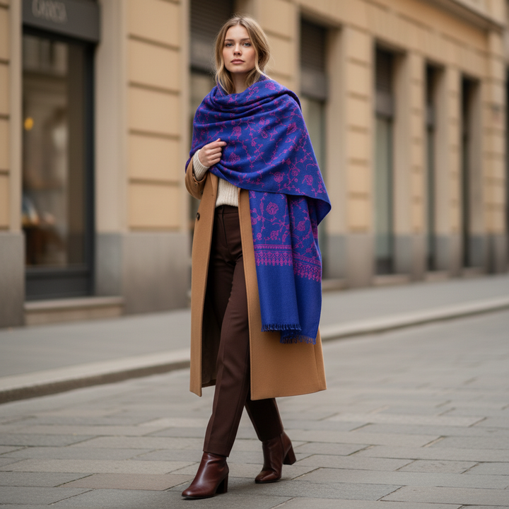 Blue Pashmina Shawl | Floral Sozni Embroidery