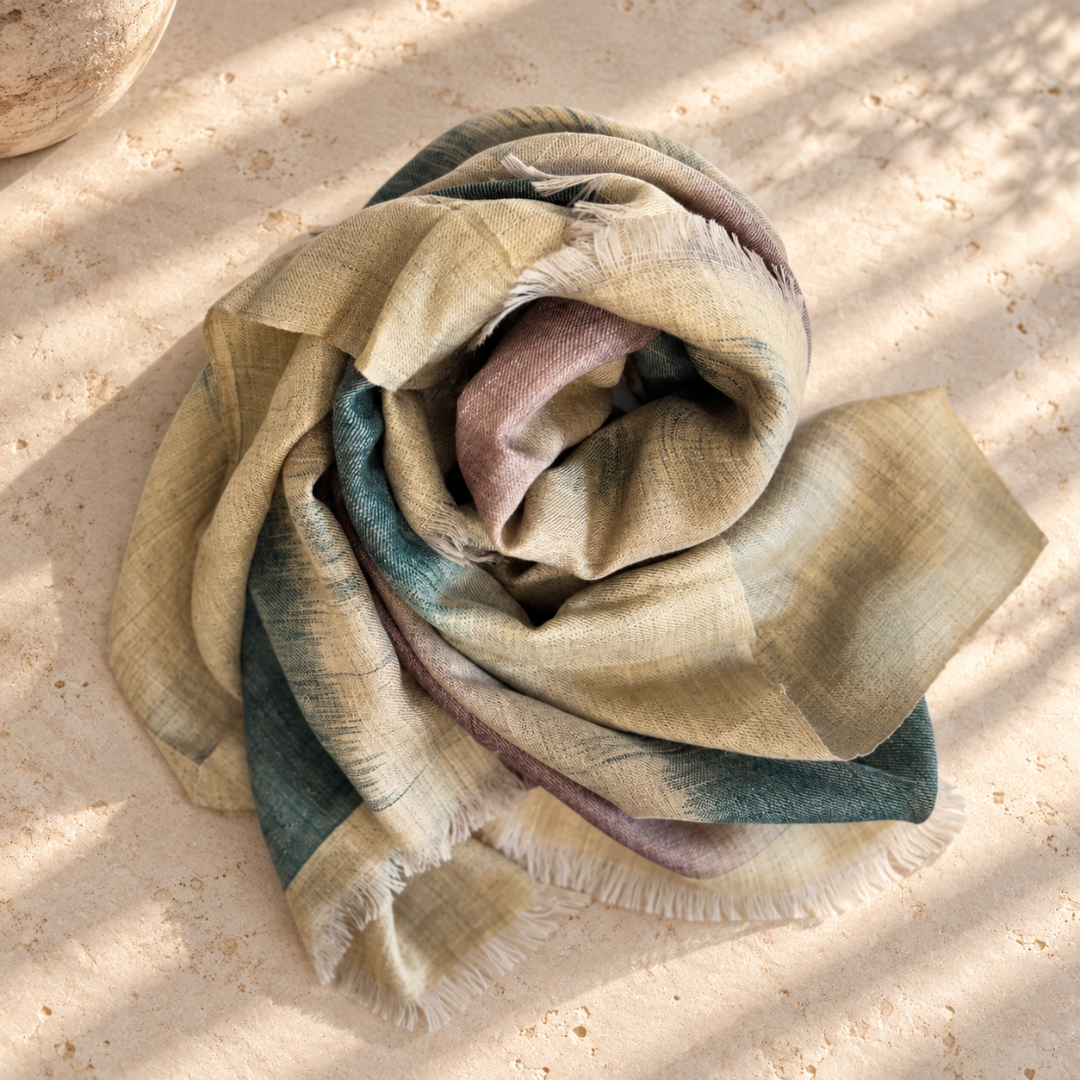 A lightweight handwoven indus weavers foulard with fringed edges, draped in a loose spiral on a textured beige stone surface. The scarf features a soft gradient blend of muted colors including sage green, dusty purple, and warm beige, with dappled sunlight casting soft shadows across it.
