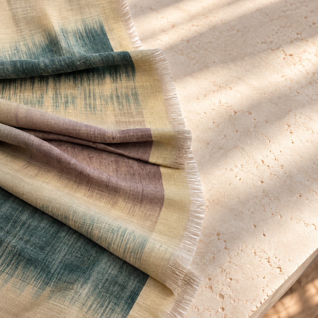 A folded woven cashmere pashmina scarf foulard with fringed edges, shown in soft beige, muted mauve, and teal-blue tones on a light stone surface with dappled sunlight.