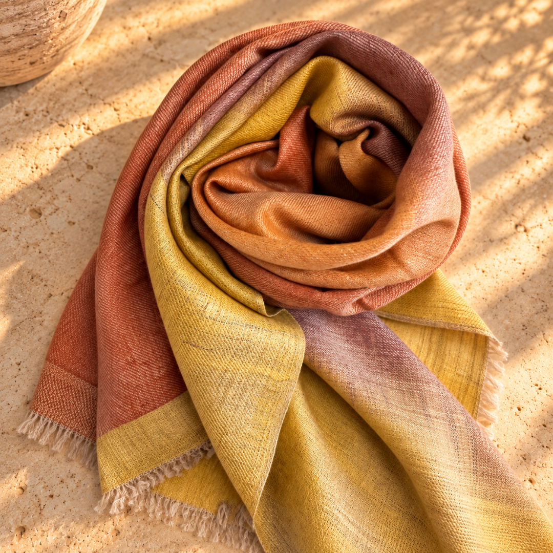 A soft woven pashmina scarf with a warm gradient color story, draped in a loose spiral on a sandy surface. The colors transition from a terracotta orange at the top, through a golden mustard yellow in the center, to a dusty rose pink and light beige at the bottom and edges.