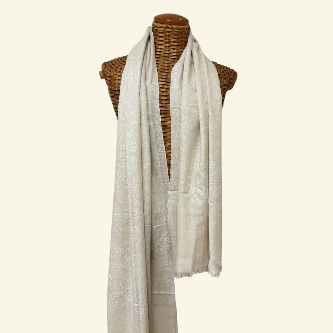 IVORY WHISPER | Pashmina Shawl with Floral Hand Embroidery