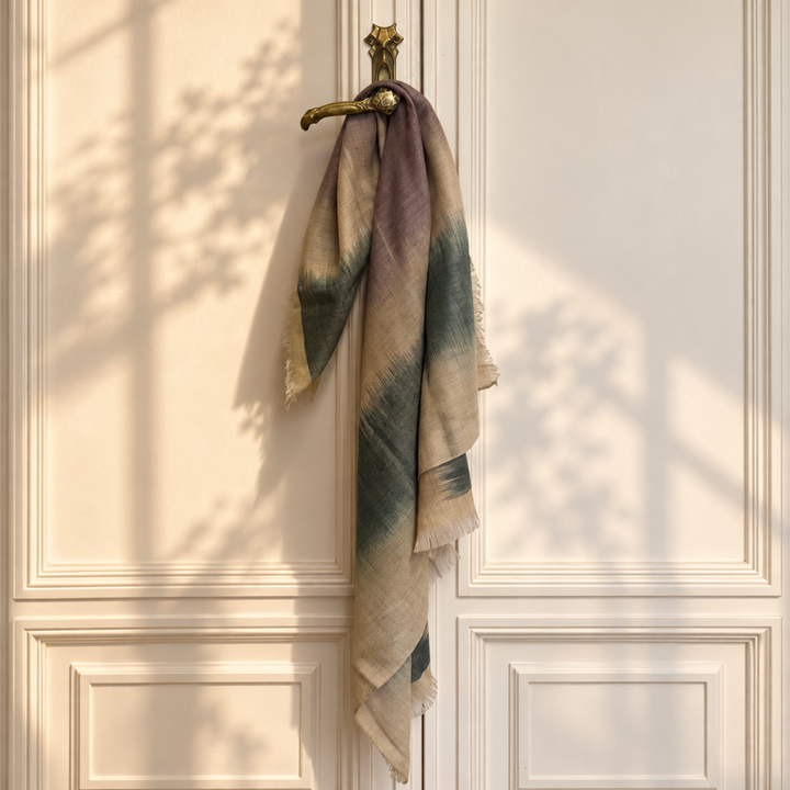 A lightweight handwoven scarf with a tie-dye pattern in beige, green, and muted purple hangs from an ornate brass door hook on a cream paneled wall, with soft window shadows cast across the scene.