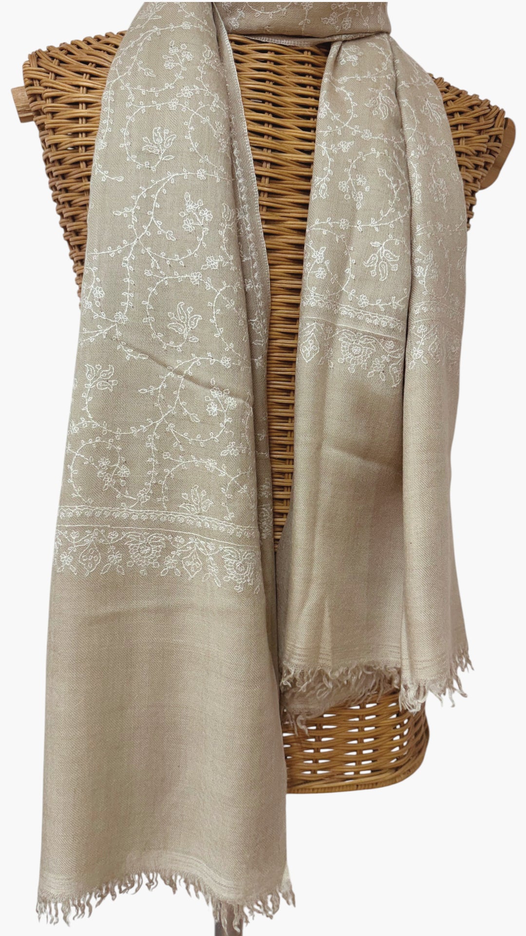 ELARA – Taupe Pashmina Shawl with White Sozni Embroidery