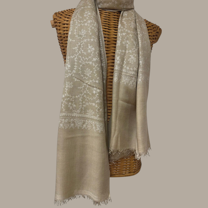 ELARA | Taupe Pashmina Shawl with Sozni Embroidery