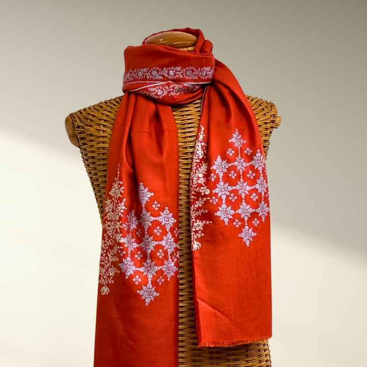 Aurance - Vermilion Pashmina Shawl with Sozni Embroidery