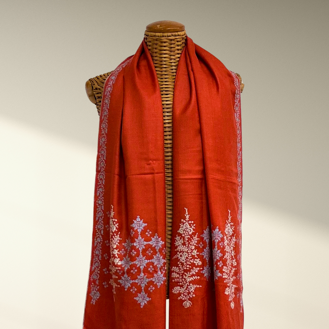 Aurance - Vermilion Pashmina Shawl with Sozni Embroidery