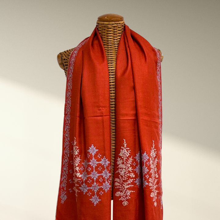 Aurance - Vermilion Pashmina Shawl with Sozni Embroidery