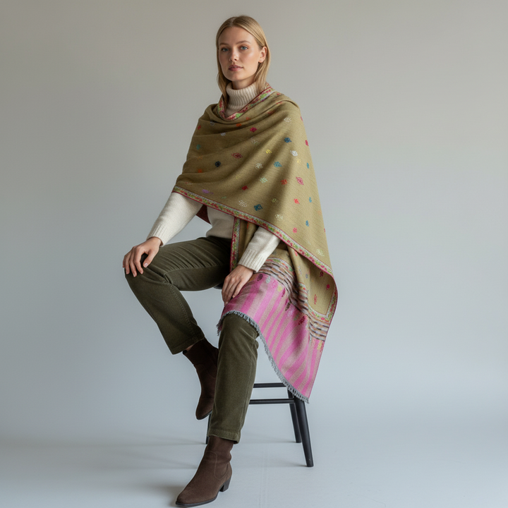 Pure Pashmina Shawl in Olive Pink | Oliva Rosa Handcrafted Kashmiri Shawl