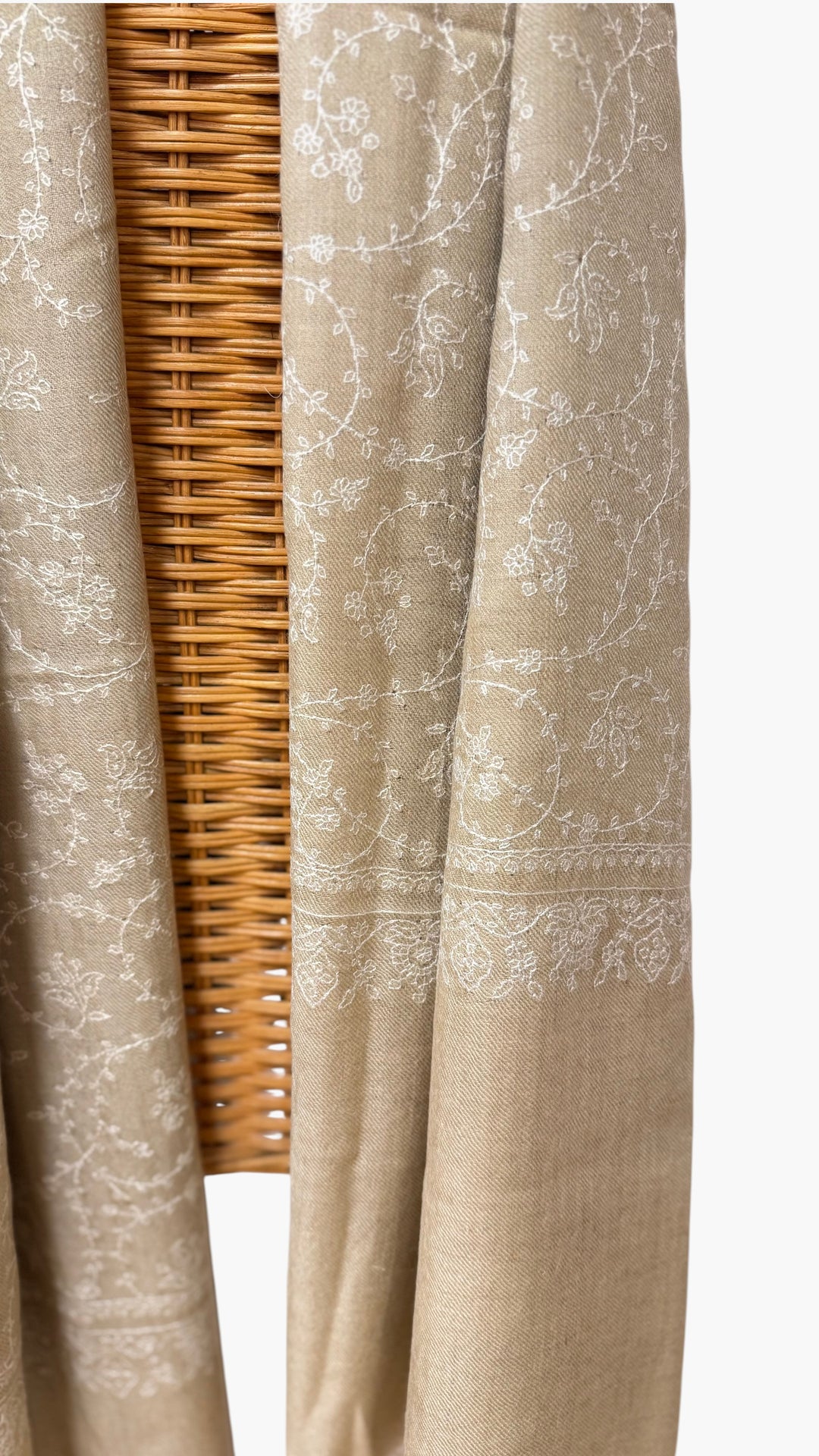ELARA – Taupe Pashmina Shawl with White Sozni Embroidery