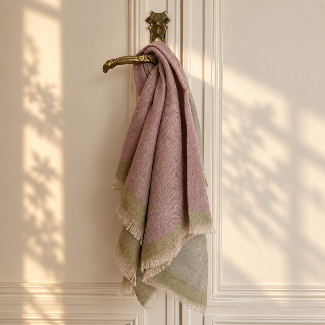 A soft handwoven pashmina foulard scarf  in muted dusty pink and sage green hangs from a brass door handle against an off-white paneled door, with dappled sunlight and leaf shadows cast across the surface.