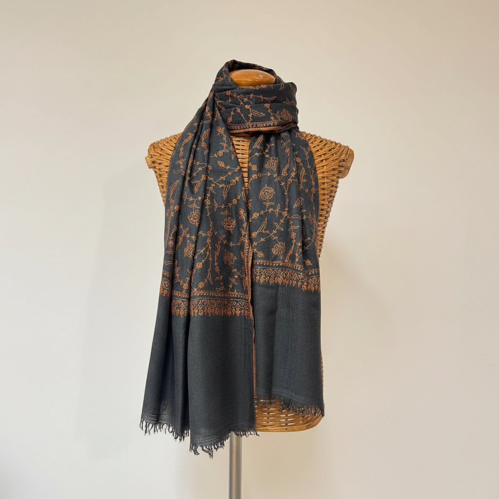 Charcoal Pashmina Shawl | Floral Sozni Embroidery