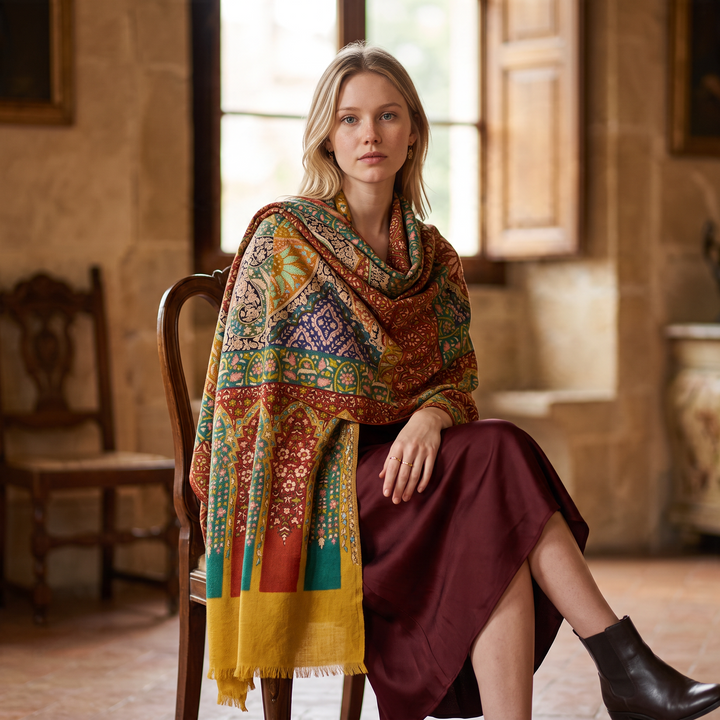 RANEE | Kalamkari Pashmina Shawl with Aari Sozni Embroidery