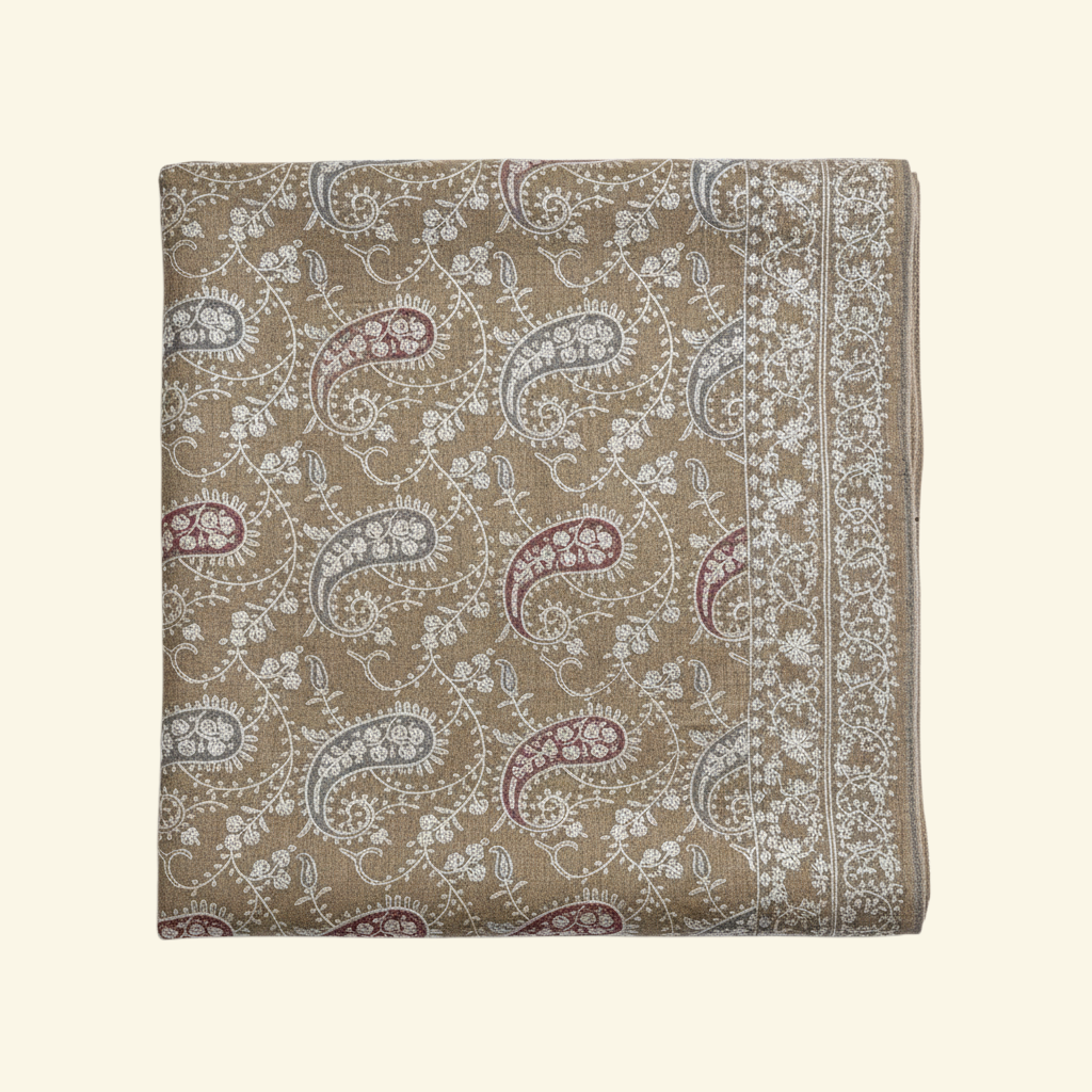 Indus Weavers JALORA pure Pashmina shawl in brown with intricate white, red, and grey Sozni needlework embroidery.