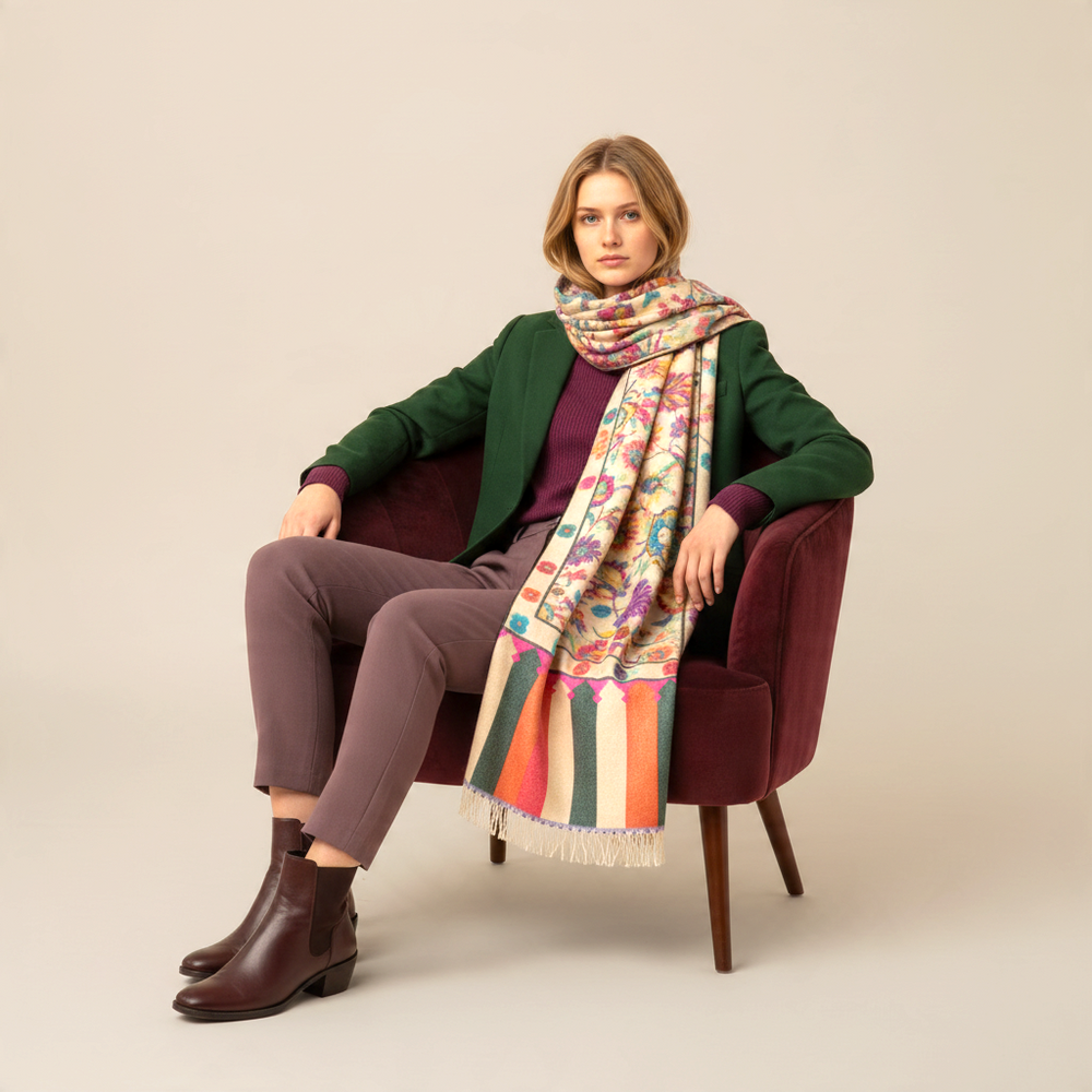 Indus Weavers ivory Kani Pashmina shawl with multicolour floral motifs draped over a woman in a green coat and chair.