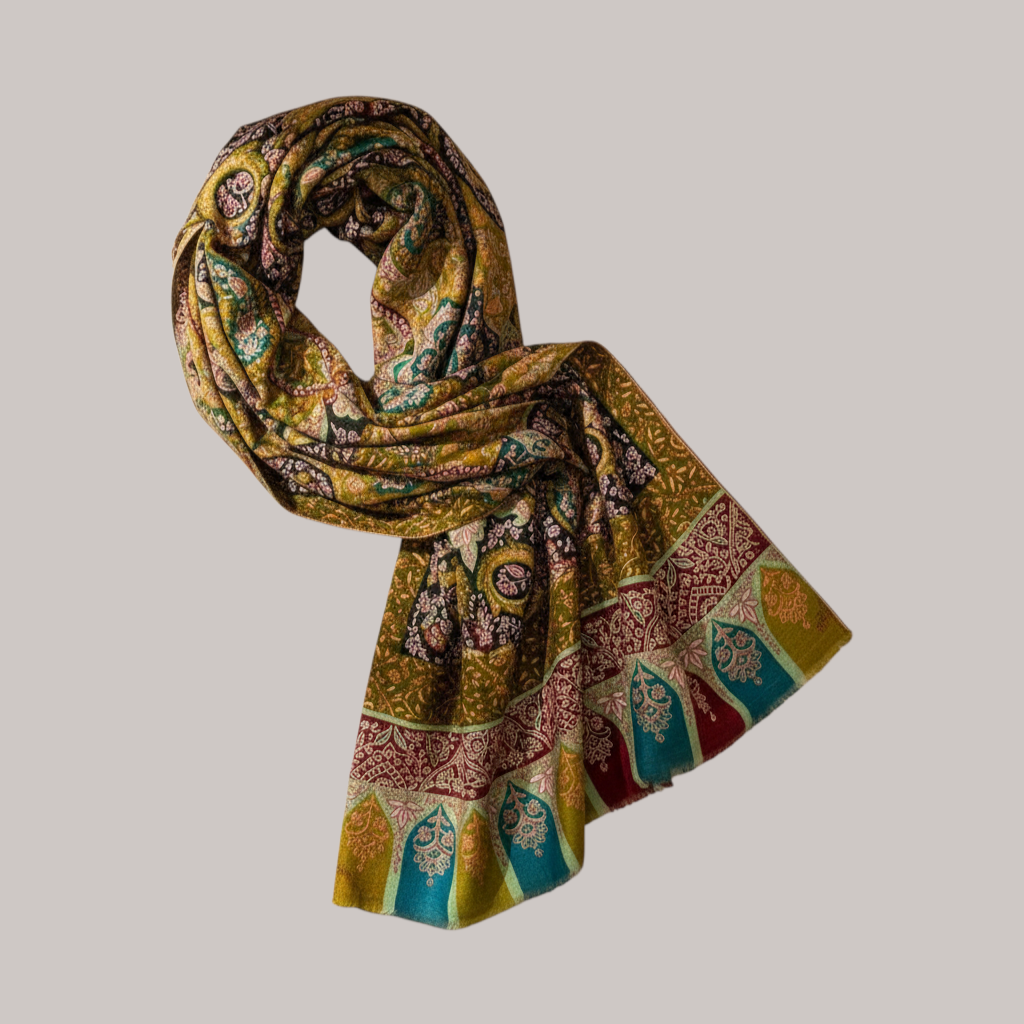 Indus Weavers Floriana Pashmina shawl featuring intricate Sozni embroidery and Kalamkari floral motifs in rich tones.