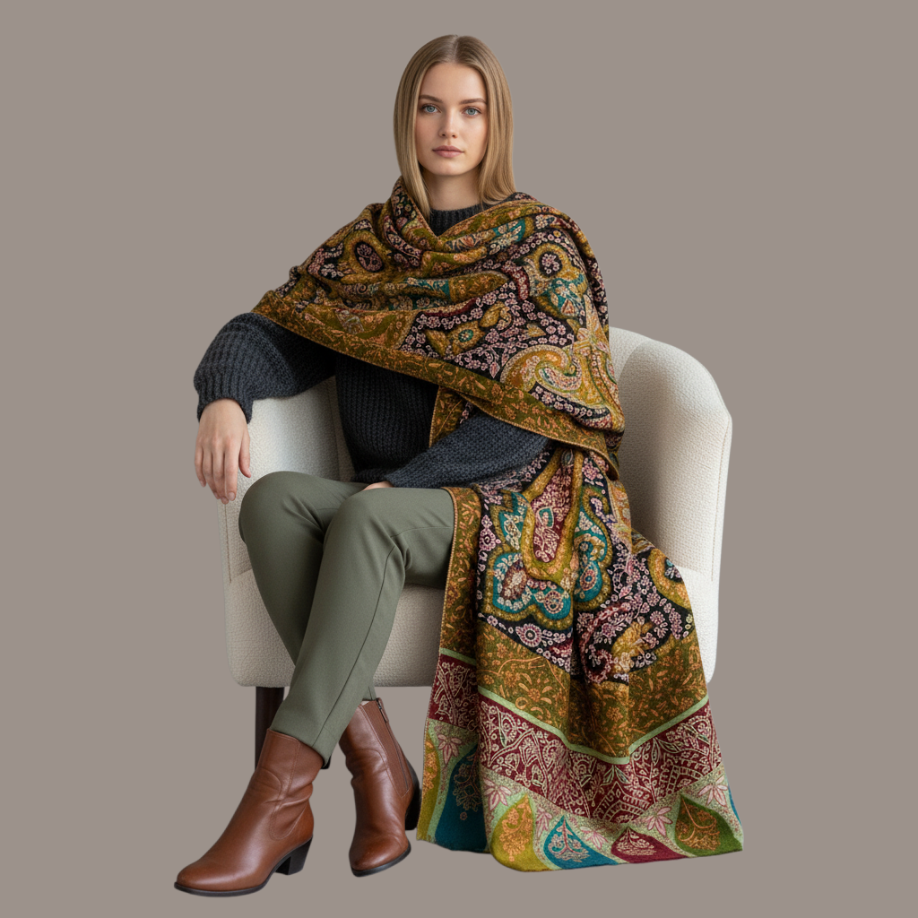 Indus Weavers Kalamkari Pashmina shawl with intricate Sozni embroidery, featuring floral paisley motifs in deep green.