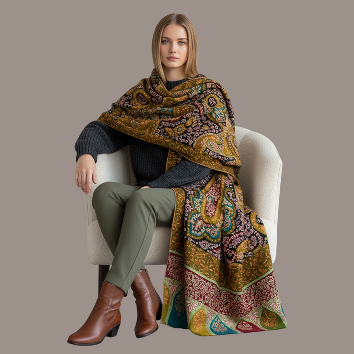 Indus Weavers Kalamkari Pashmina shawl with intricate Sozni embroidery, featuring floral paisley motifs in deep green.