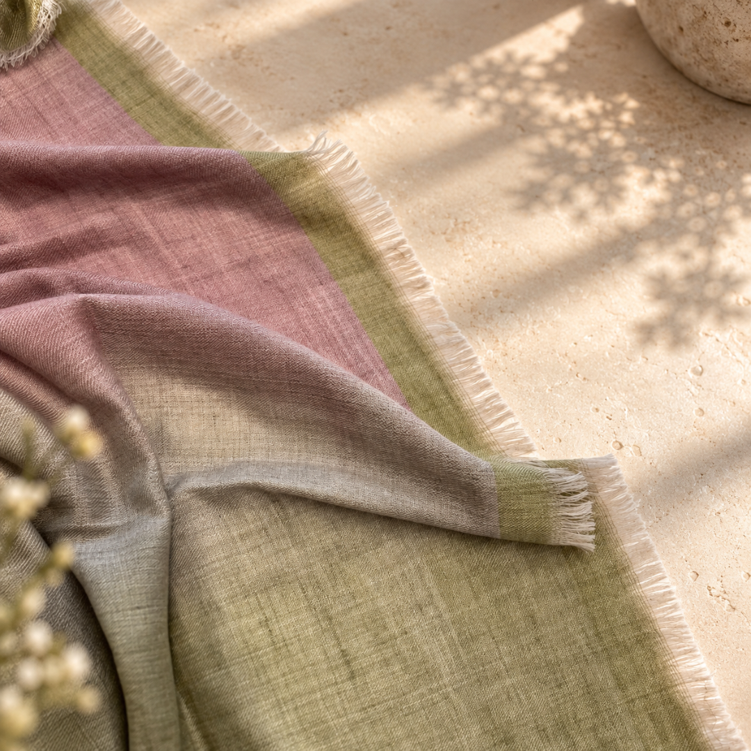 A soft woven pashmina scarf foulard with fringed edges draped on a light stone surface, showing a color-blocked design in dusty pink, sage green, and light gray-beige, with dappled sunlight and leaf shadows across the scene.