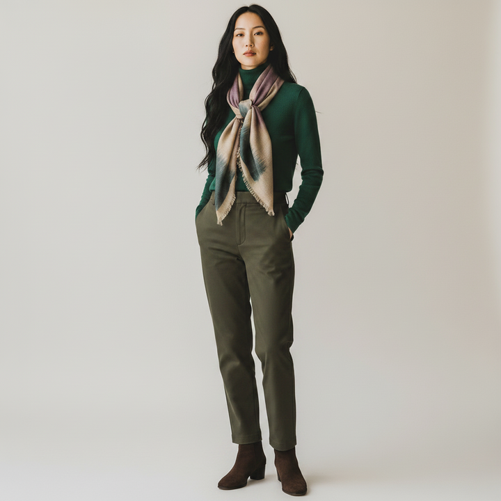 A woman stands against a plain light gray studio background wearing a dark green turtleneck sweater, olive green pants, a multicolor indusweavers foulard scarf, and dark brown ankle boots.