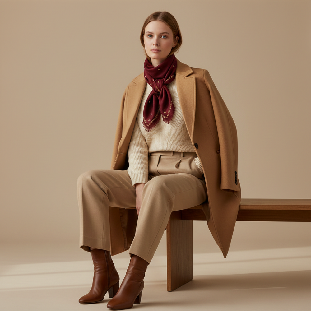A woman sits on a wooden bench wearing a camel coat, cream sweater, beige trousers, brown heeled boots, and indusweavers deep burgundy scarf against a warm beige studio background.