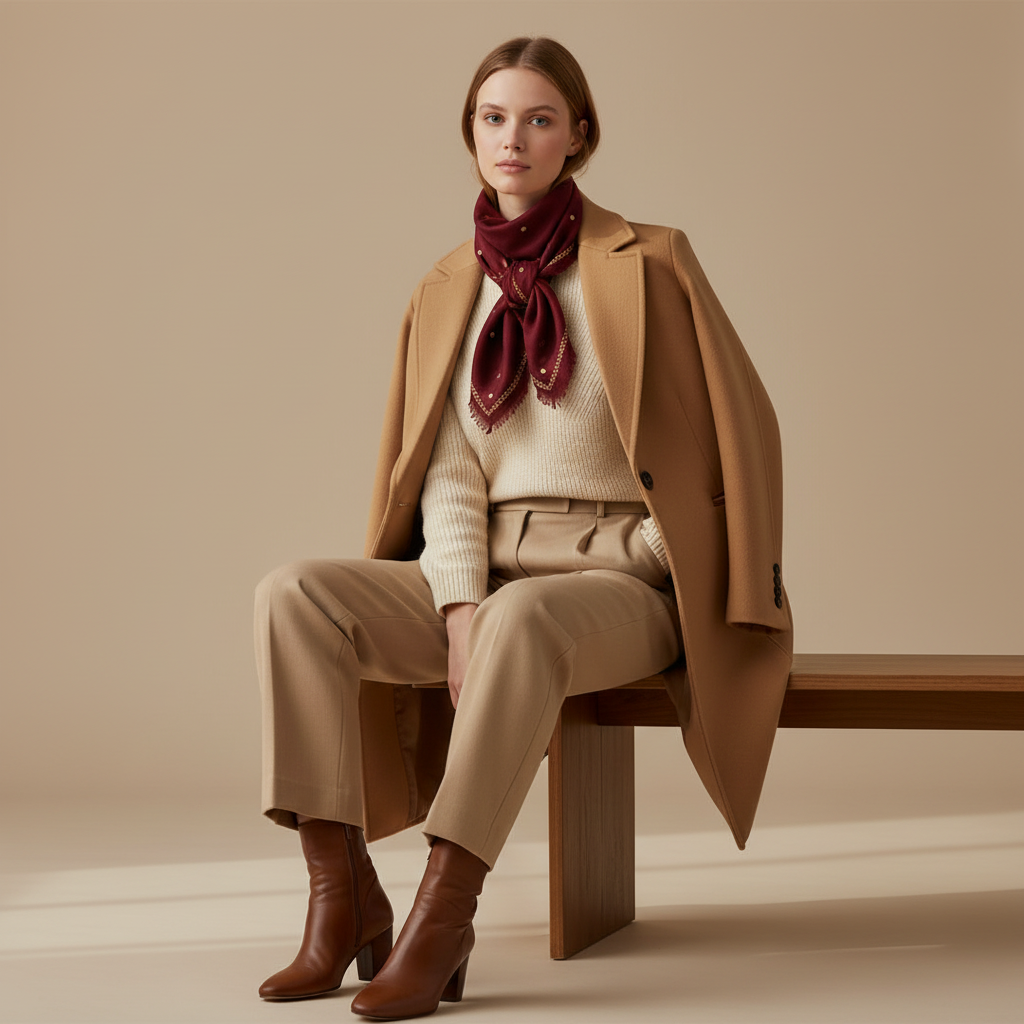 A woman sits on a wooden bench wearing a camel coat, cream sweater, beige trousers, brown heeled boots, and indusweavers deep burgundy scarf against a warm beige studio background.