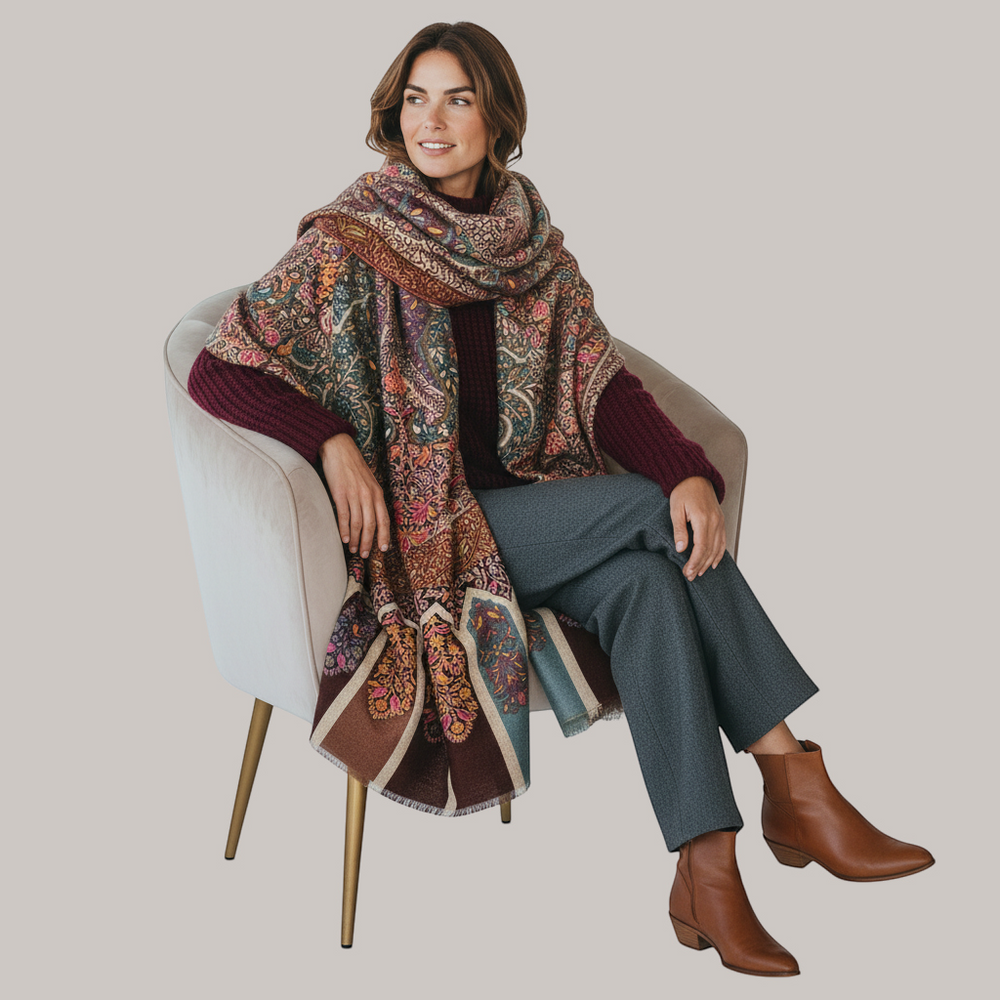 Indus Weavers Rivora handwoven Pashmina shawl with intricate Kalamkari embroidery draped over a woman in a chair.