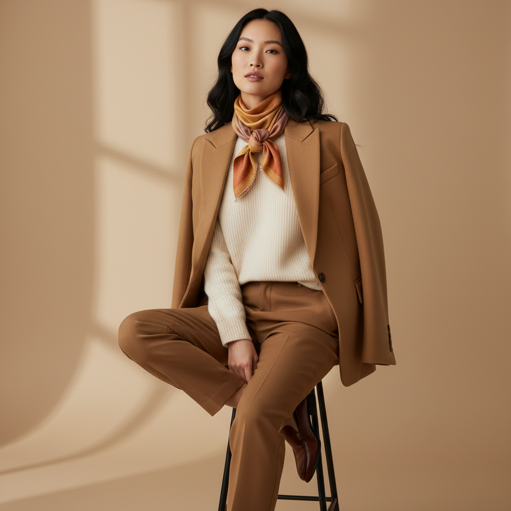 A woman sits on a stool wearing a tailored camel blazer and matching trousers, a cream ribbed sweater, and a mustard-orange indusweavers pashmina cashmere scarf, against a warm beige studio background with soft window-shadow lighting.