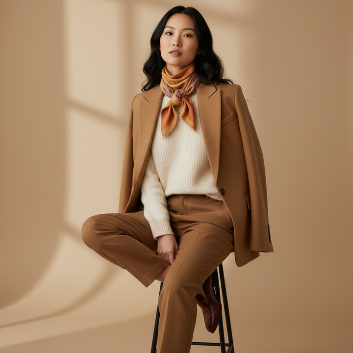 A woman sits on a stool wearing a tailored camel blazer and matching trousers, a cream ribbed sweater, and a mustard-orange indusweavers pashmina cashmere scarf, against a warm beige studio background with soft window-shadow lighting.