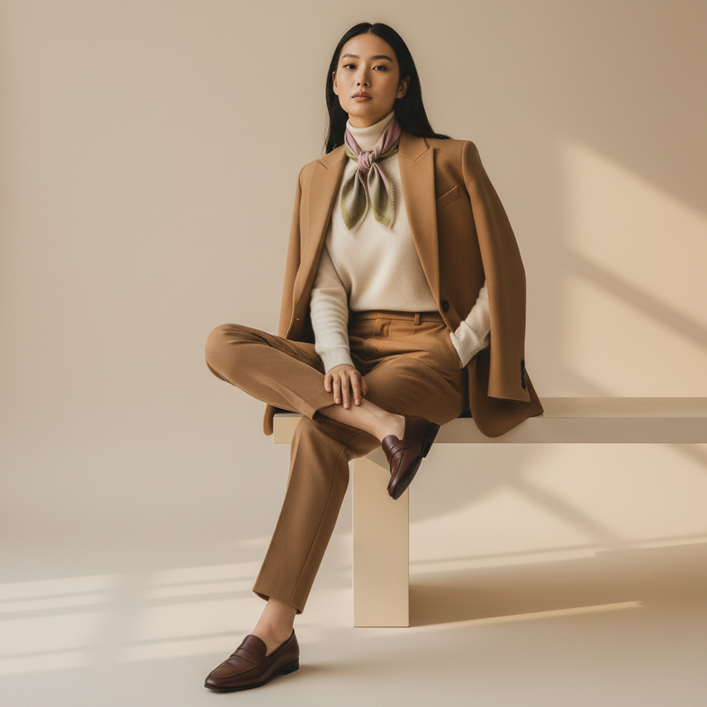 A woman sits on a minimalist beige bench wearing a tailored camel brown blazer and matching trousers, a cream turtleneck, a soft mauve-pink foulard, and dark brown loafers against a warm beige studio background with soft window-like shadows.