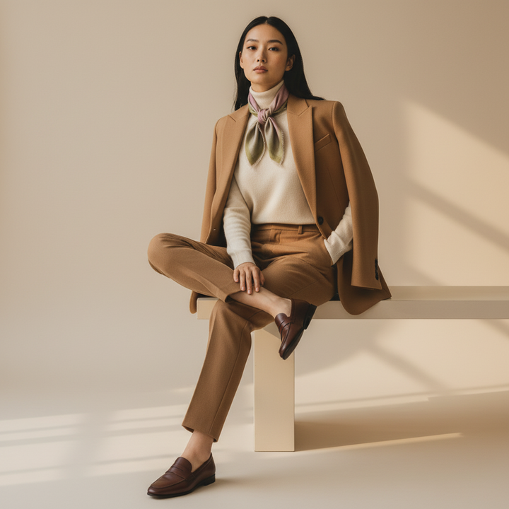 A woman sits on a minimalist beige bench wearing a tailored camel brown blazer and matching trousers, a cream turtleneck, a soft mauve-pink foulard, and dark brown loafers against a warm beige studio background with soft window-like shadows.