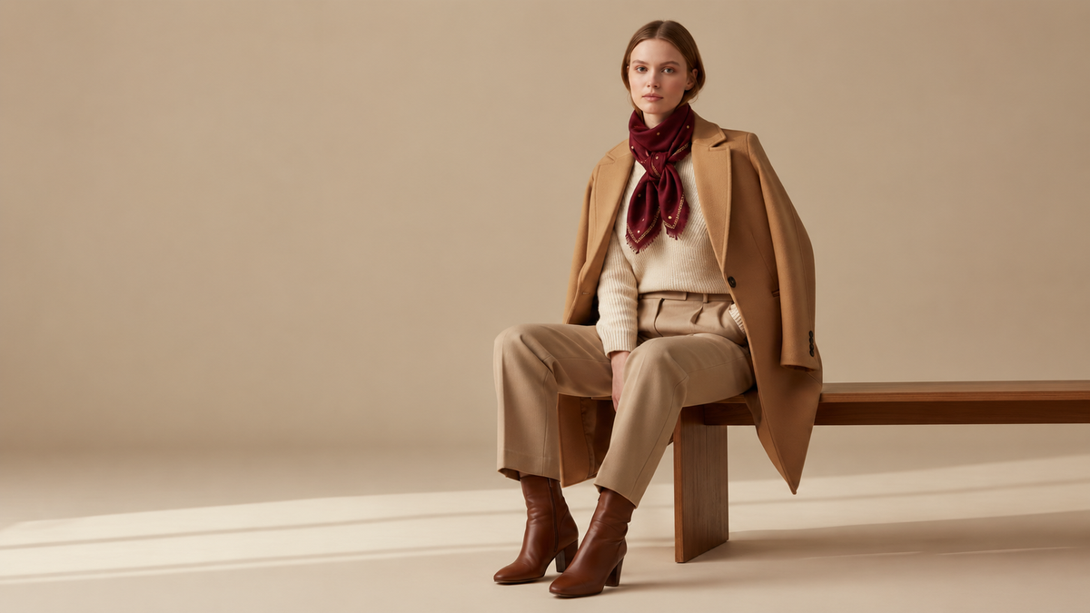 A model sits on a wooden bench in a studio setting, wearing a camel coat, cream sweater, beige trousers, brown ankle boots, and a dark burgundy afterglow foulard.