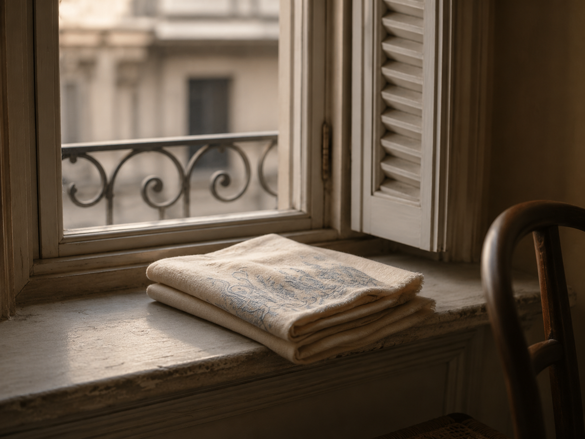 A folded cream-colored aqua pashmina, rests on a weathered stone window sill. The background features a classic window with white shutters and a view of a balcony railing, with a wooden chair partially visible in the foreground.