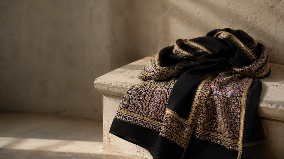 A black Bella pashmina with ornate gold and purple paisley borders draped over a stone bench in a sunlit room.
