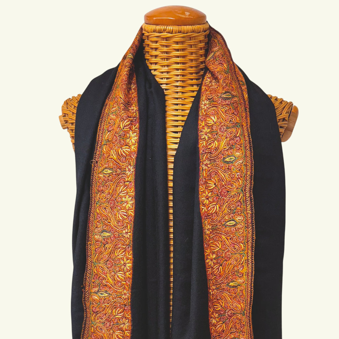 HAZEL Luxury Black Cashmere Shawl – Close-Up of Brown & Orange Sozni Needlework Embroidery on Border | Indus Weavers
