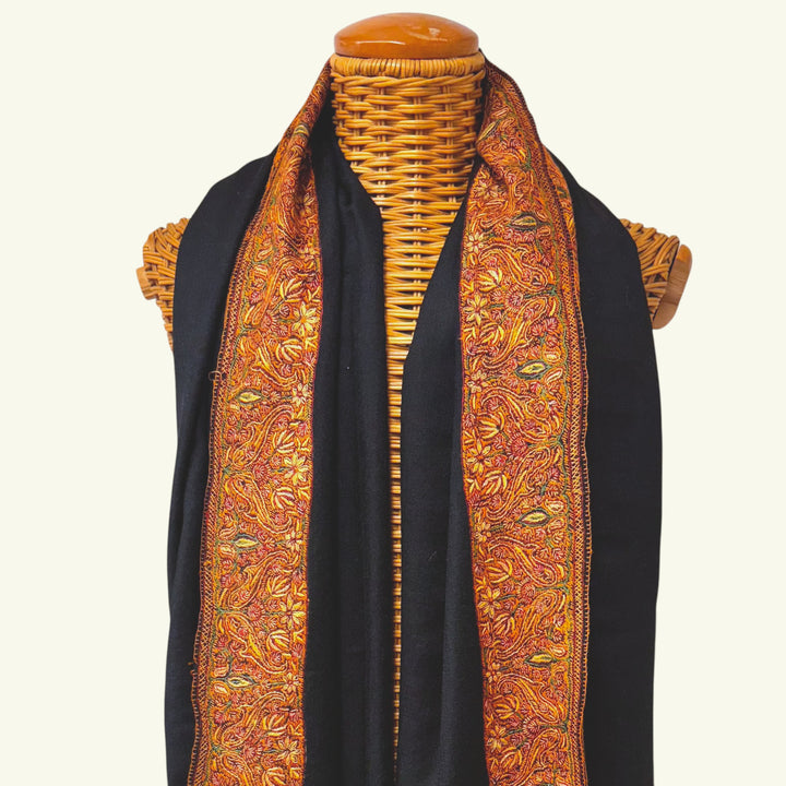 HAZEL Luxury Black Cashmere Shawl – Close-Up of Brown & Orange Sozni Needlework Embroidery on Border | Indus Weavers