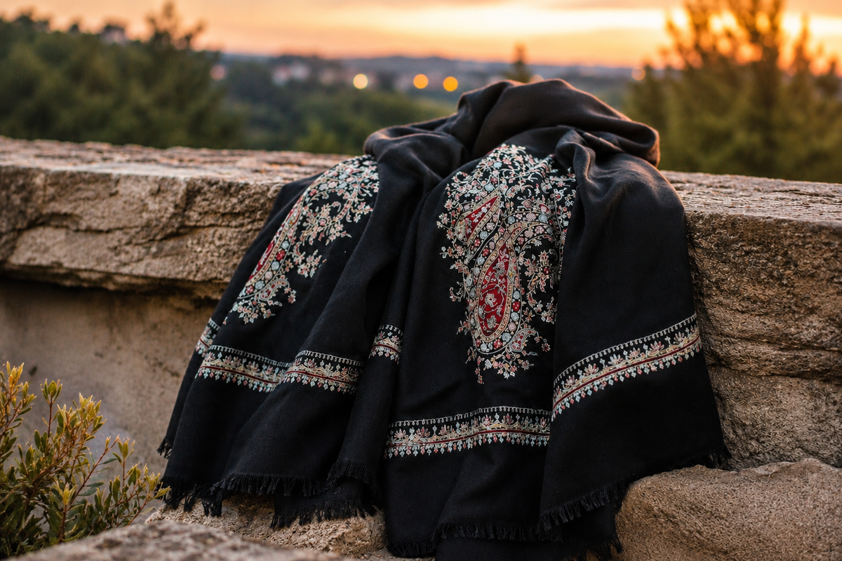 A black embroidered shawl with intricate silver and red paisley patterns draped over a rustic stone wall at sunset.