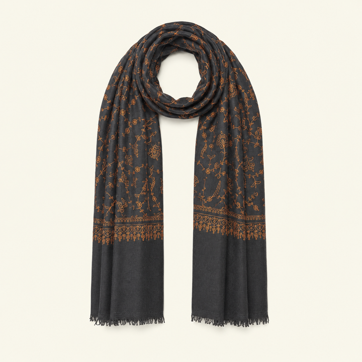 Charcoal Pashmina Shawl | Floral Sozni Embroidery