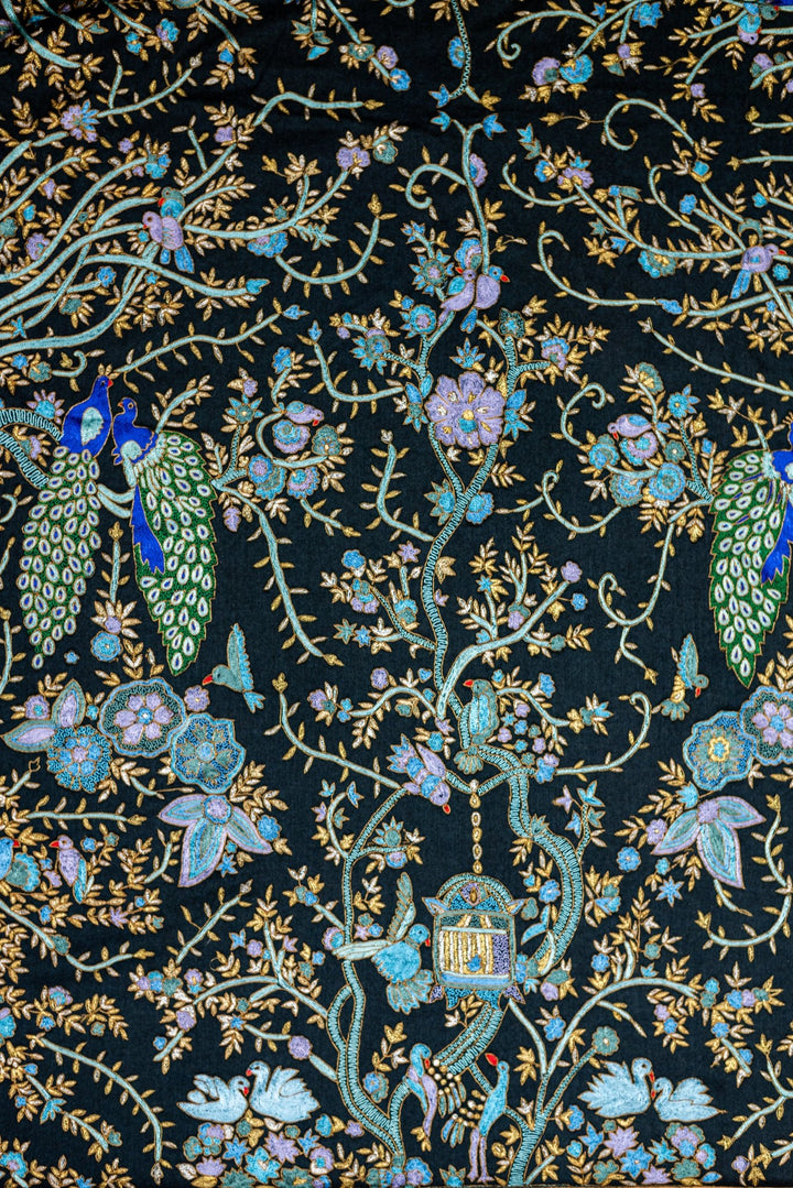 Closeup embroidery birds peacock floral 