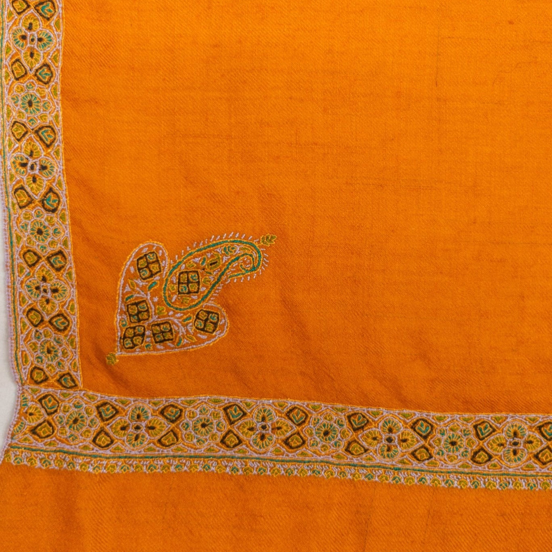 Elegant mustard scarf with classic Haashidaar hand embroidery closeup