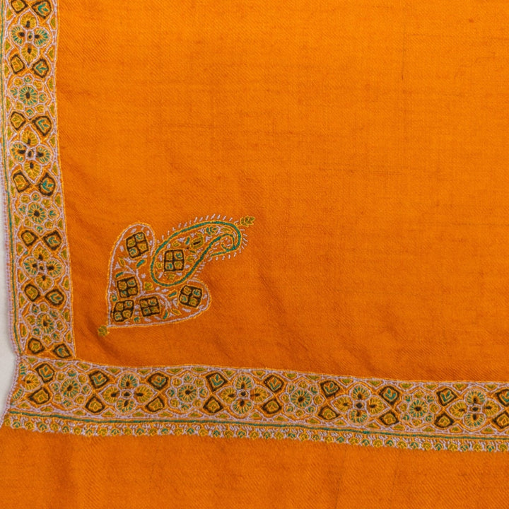 Elegant mustard scarf with classic Haashidaar hand embroidery closeup