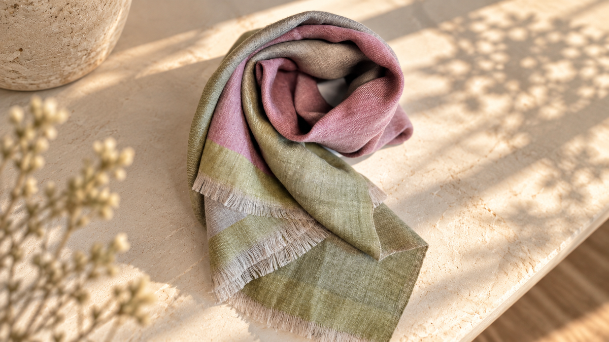 A folded first light foulard with fringed edges, featuring shades of dusty pink, sage green, and light gray, styled on a sunlit beige stone surface.