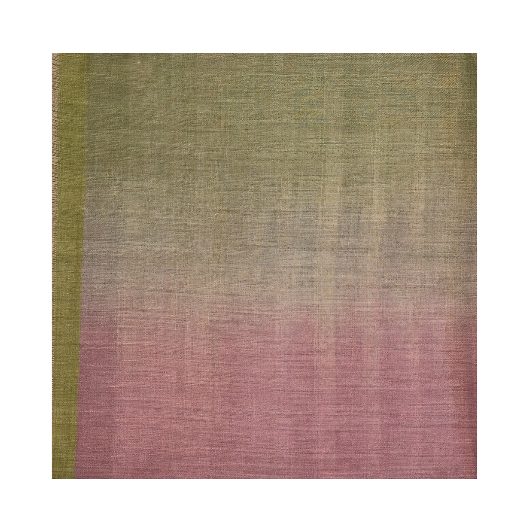 A square Pashmina sample with a vertical olive-green stripe along the left edge and a smooth color gradient from olive green at the top to dusty rose pink at the bottom, shown on a plain white background.
