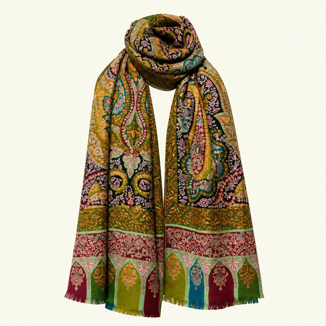 Multicolored geomtical embroidered handwoven pashmina scarf in ochre, red, green motifs