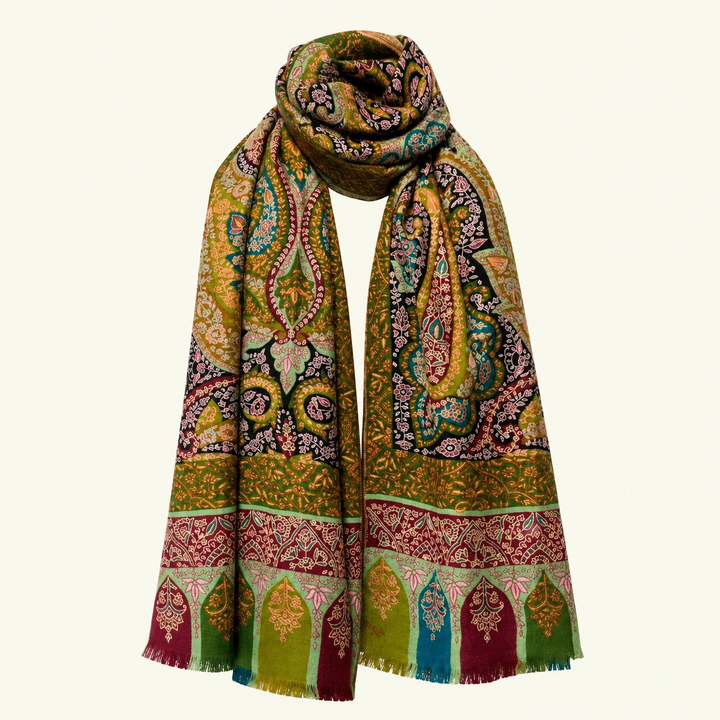 Multicolored geomtical embroidered handwoven pashmina scarf in ochre, red, green motifs